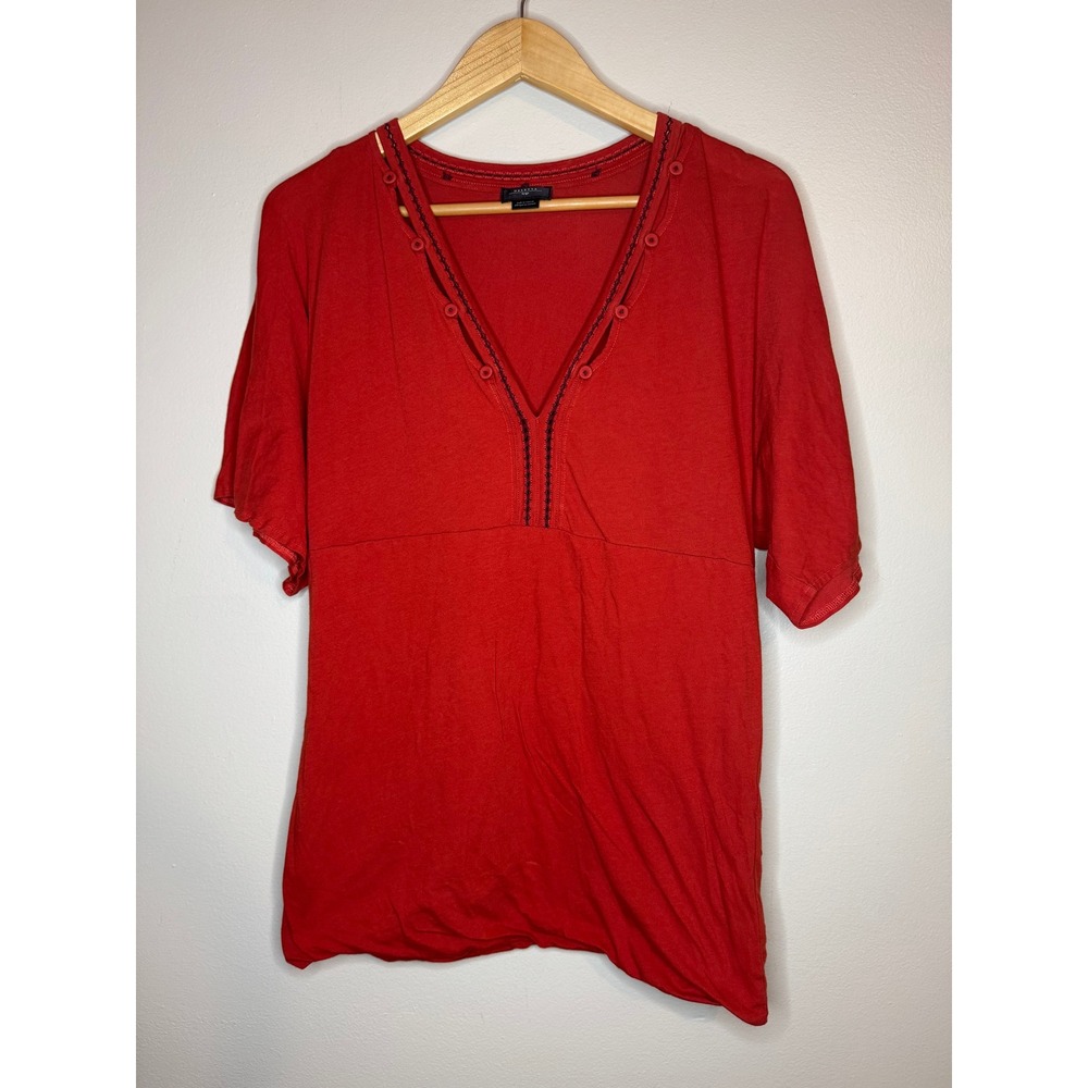 Deletta Anthropologie Red‎ V-Neck Button Accent Empire Waist Knit Top Large